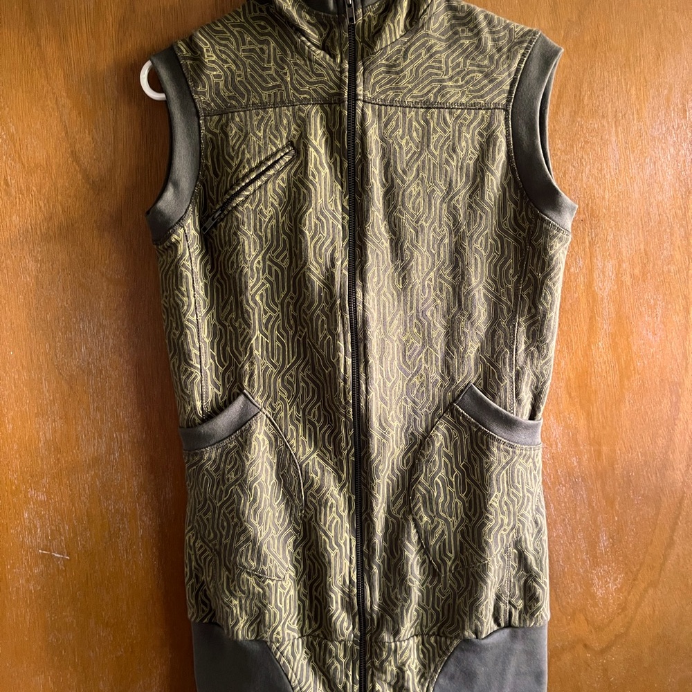 PEACE FITS Olive Green and Gold Patterned Vest Dress with Hood
